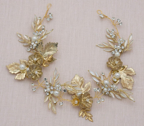 Kercisbeauty Vintage Gold Flower Leaf Headband, Rhinestones Pearl Hair Vine Bridal Tiara for Women