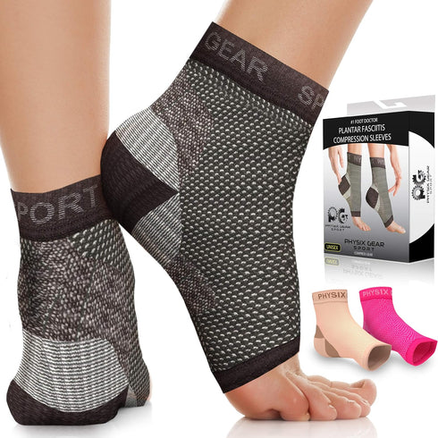 Physix Gear Sport Plantar Fasciitis Socks - Ankle Compression Sleeve with Arch Support for Men & Women, Black S/M