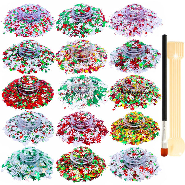 SUPGIFT Glitter 15 Colors 130g Holographic Christmas Snowflake Tree Heart Star Pentagram Chunky Cosmetic Laser Sequins