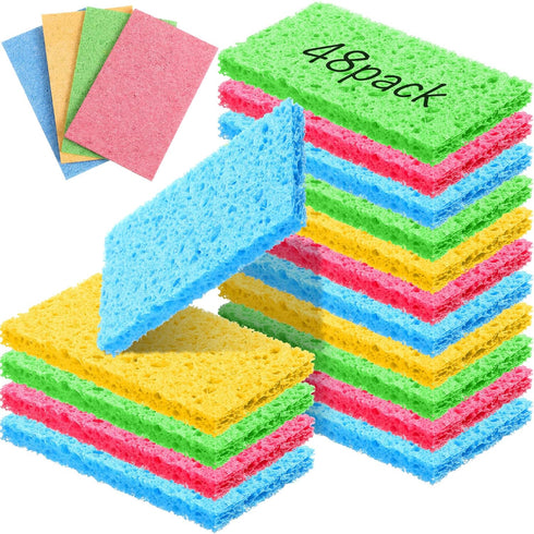 Natural Kitchen Sponges for Dishes, Compressed Wood Pulp, 48 Pieces, 3.9 x 2.4 x 0.12 Inch