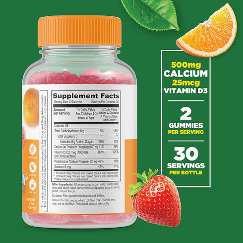 Lifeable Calcium 500 mg with Vitamin D3 1000 IU Gummies for Kids - Natural Flavor Vitamin Supplements - Gluten Free GMO-Free Chewable - for Bone, Groth, Teeth - for Children - 60 Gummies