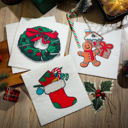 12 Pcs Christmas Swedish Themed Dishcloths, Reusable Absorbent Xmas Kitchen Dish Cloths for Home Party Cleaning