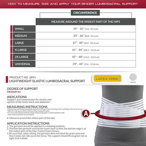 OTC Lumbosacral Support, 7-inch Lower Back, Lightweight Compression, Elastic, White, X-Large