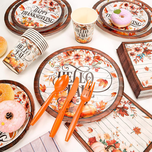 Set, Set HOWAF Thanksgiving Dinnerware Fall Maple Leaves Disposable Tableware Plates Napkin Tablecloth Knifes Forks