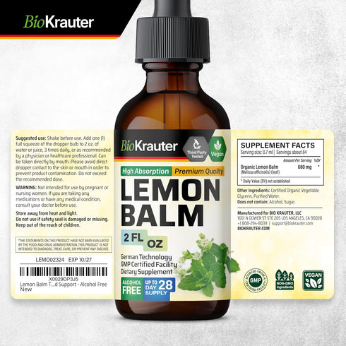BIO KRAUTER Lemon Balm Leaf Extract, Vegan Tincture for Calmness Support, 2 Fl. Oz.
