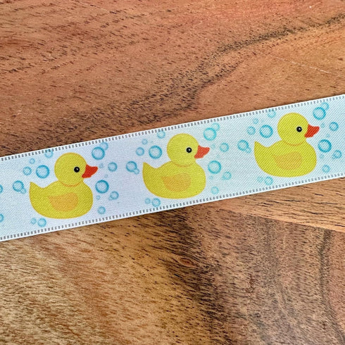 Rubber Duck Satin Craft Ribbon, 1" x 25 Yards, White with Yellow Rubber Duckies for Gifts, Baby Shower, Hair Bows
