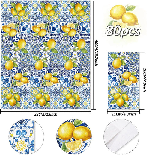 80Pcs Blue Yellow Lemons Paper Guest Napkins, 3 Ply Disposable Dinner Hand Napkin Towel for Party Supplies
