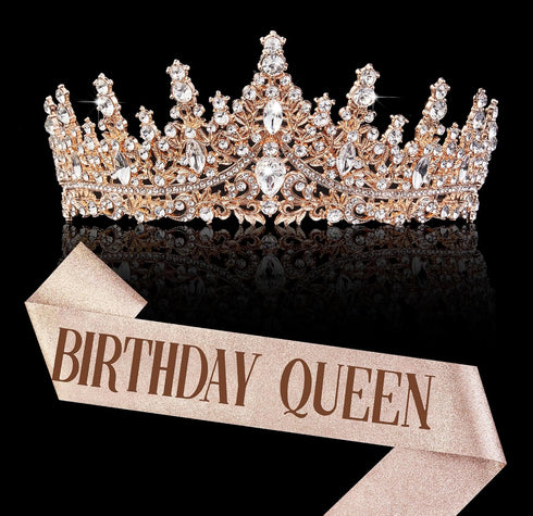 Rose Gold Crown for Women Birthday Queen Sash & Rhinestone Tiara Set Decoration Hair Accessories