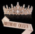 Rose Gold Crown for Women Birthday Queen Sash & Rhinestone Tiara Set Decoration Hair Accessories