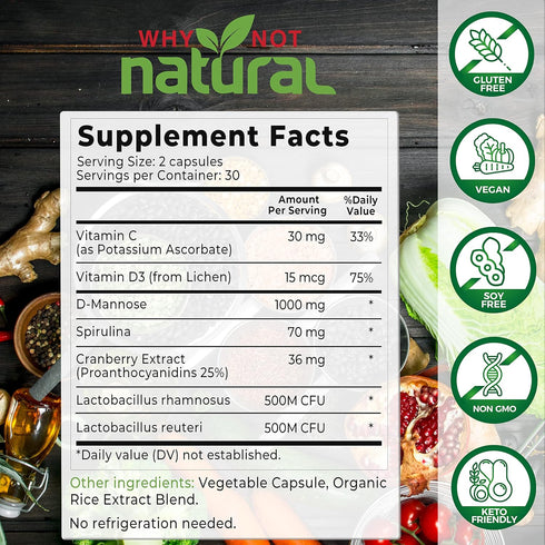 Why Not Natural 5-in-1 UTI Pills with D Mannose, Cranberry PAC Extract, Probiotics, Vitamin C & D - Urinary Health