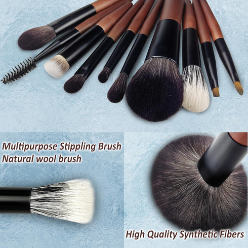 Travel Makeup Brush Set with Case, Mini Brushes for Powder, Foundation, Eyeshadow, 10 Pcs & 2 Triangle Puffs