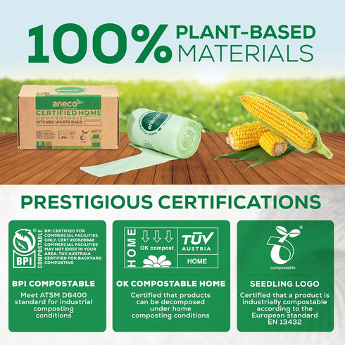 ANECO 100% Compostable Food Waste Bags, 1.6 Gallon with Handles, 30 Count, BPI Certified