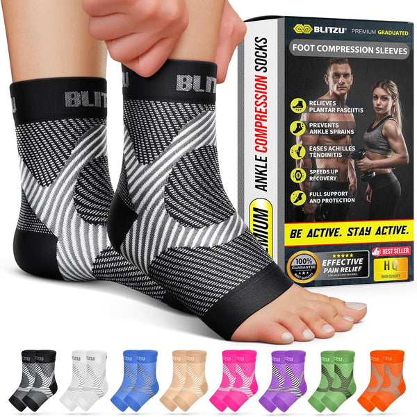 BLITZU Foot Compression Sleeve for Plantar Fasciitis Relief Socks Women Ankle Support Compression Socks Black XXL