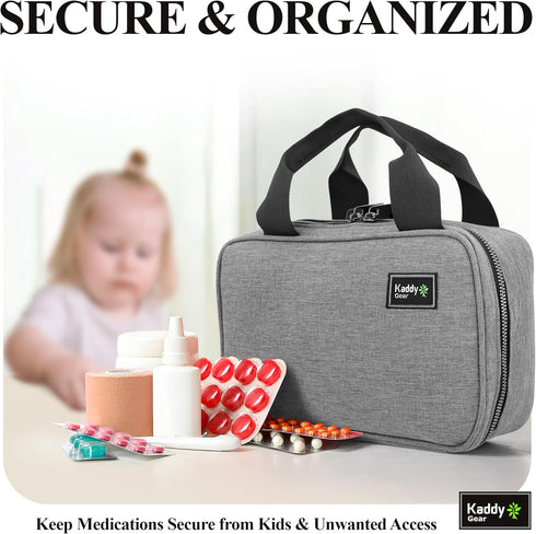 Kaddy Secure Pill Organizer Box for Medicine or Supplements; Travel or Home Storage, TSA Approved Lock (Grey)
