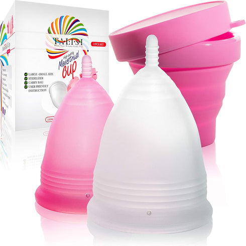 Talisi Menstrual Cups Set of 2, Soft Reusable Period Kit with Collapsible Cleaner Silicone Sterilizer (Small & Large)
