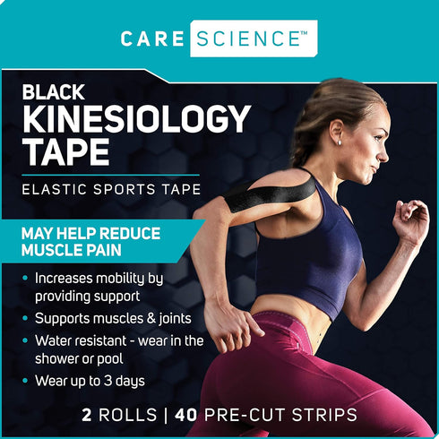Care Science Waterproof Kinesiology Tape - 40 ct Precut Strips (2 Rolls), Black, Elastic Sports Tape