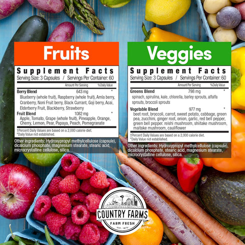COUNTRY FARMS Fruits and Vegetables Supplement - 180 Fruit & 180 Veggie Capsules, 60 Servings