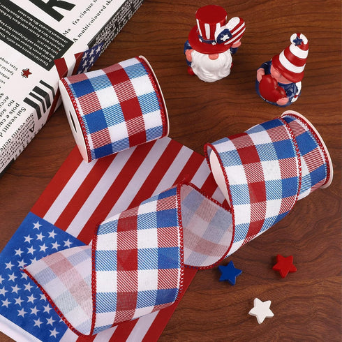 Whaline 2 Rolls 4th of July Wired Edge Plaids Ribbon Red Blue Plaids 2.5 Inch for Independence Day Gift Wrapping