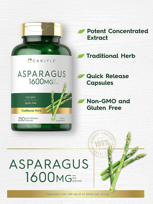 Carlyle Asparagus Supplement - 1600mg, 250 Powder Capsules, Non-GMO and Gluten Free, High Potency Traditional Herb