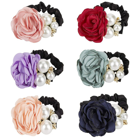 Lawie 6 Pack Colorful Handmade Pearl Rhinestone Rose Flower Hair Bows - Stretchy Rubber Hairbands, Ponytail Holder