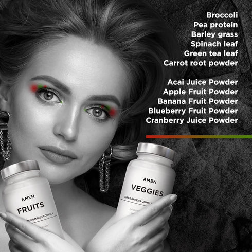 Amen Fruits + Veggies Vitamins Bundle - Raw Whole Food Multivitamin Capsules, Non-GMO, 180 ct, Greens & Red Fruits