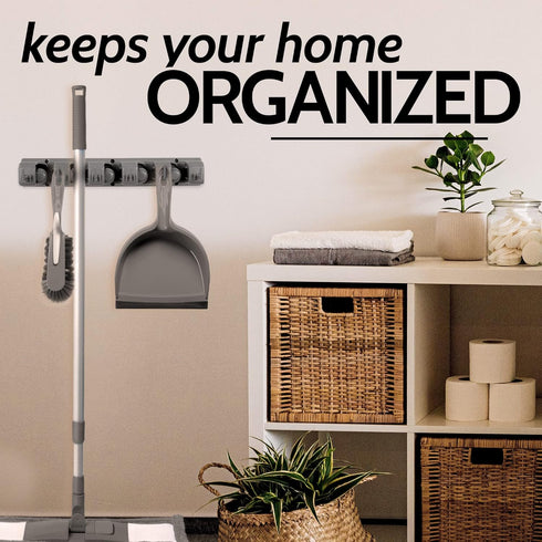 Zulay Home Mop and Broom Organizer, Wall Mount Holder for Storing Cleaning Supplies with 5 Slots, Gray