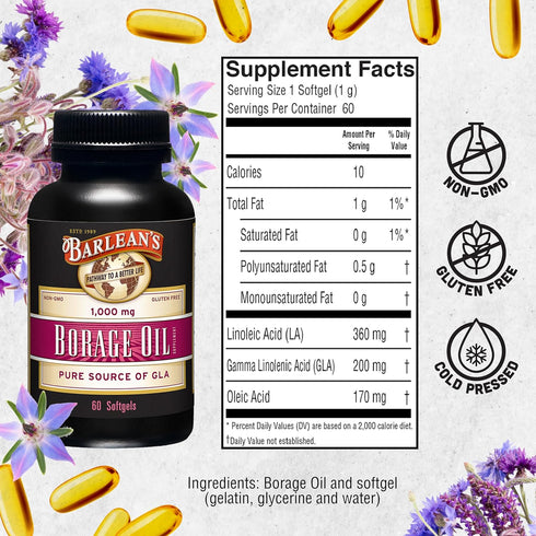 Barlean's Borage Oil Supplements, Cold Pressed Pure Borage Seed Oil Softgels, 1000 mg GLA Fatty Acids, 60 Count