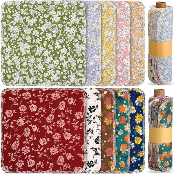 50 Pcs Reusable Paper Towels, Paperless Towels, Cotton Cloths, Washable Paper Towels with Roll for Kitchen (Flower)