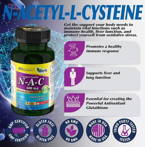 America Medic & Science NAC 600mg – NAC Supplement for Lung Health, Immune Support, Liver Support, 60 Capsules (Pack of