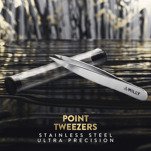 Pointed Tweezers - High Carbon Stainless Steel Needle Nose, Fine Point Precision Hair Removal, Silver