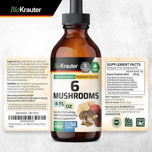 BIO KRAUTER 6-in-1 Mushrooms Supplement - Liquid Extract of Lions Mane, Shiitake, Turkey Tail, Cordyceps, Reishi &
