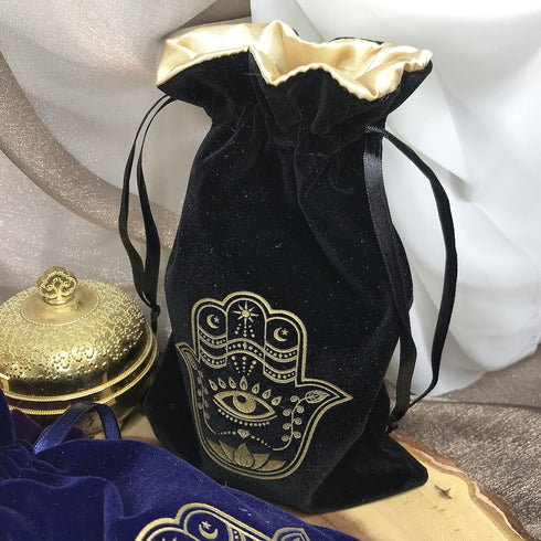 ARTSY CRAFTS 6x9" Hamsa Hand Velvet Jewelry Pouch Gift Bags, Fatima Hand Evil Eye Drawstring Oracle Tarot Bags