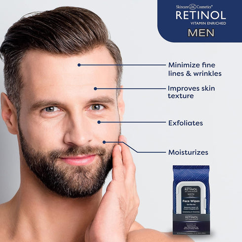 Retinol Men Facial Wipes - Anti-Aging Cleansing Towelettes, 60 Count (Pack of 1) - Quickly cleanse face without residue