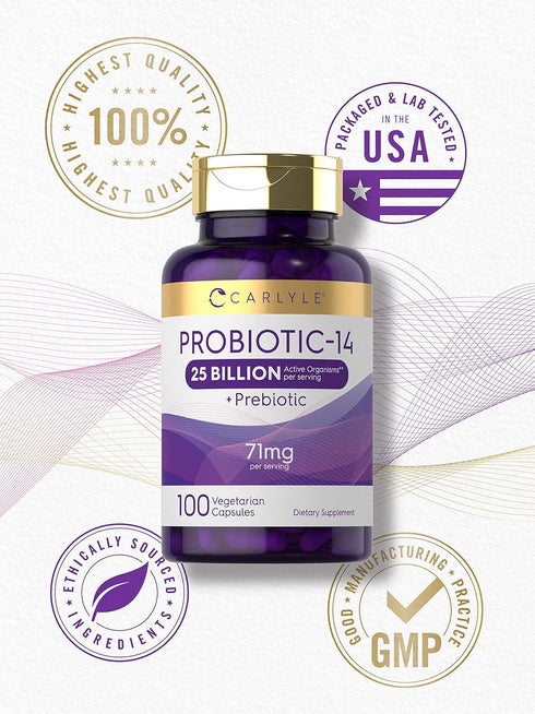 Carlyle Probiotics, 25 Billion CFU, 100 Capsules, Vegetarian, Non-GMO, Gluten Free Supplement for Men & Women