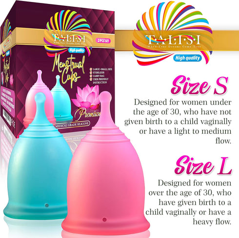 Talisi Menstrual Cups, Set of 2 with Collapsible Silicone Sterilizing Cup for Regular Heavy Flow