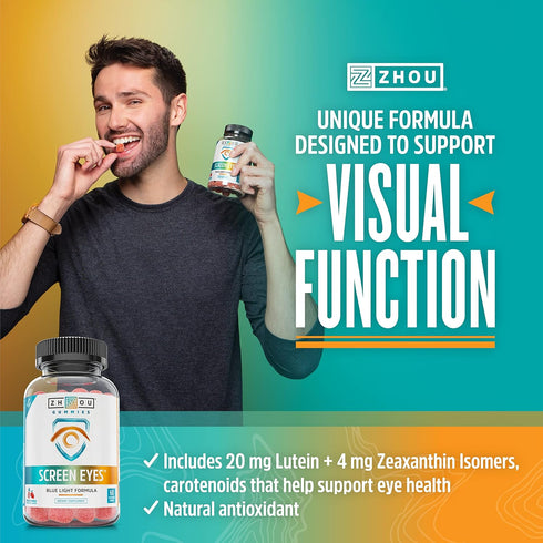 Zhou Nutrition Screen Eyes Gummies, Eye Strain Relief with Blue Light Formula, 30 Servings, 60 Gummies