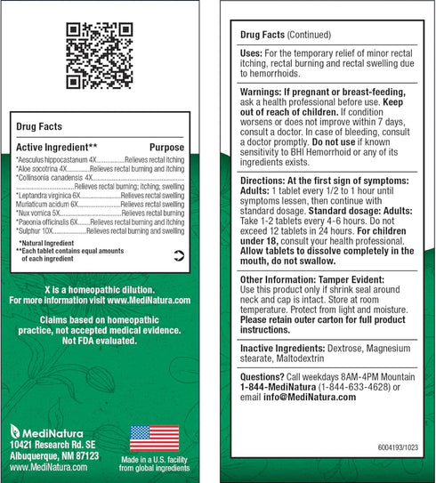 BHI Natural Hemorrhoid Relief for Burning, Swelling, Itching, Rectal Pain & Discomfort, 100 Tablets for Women & Men