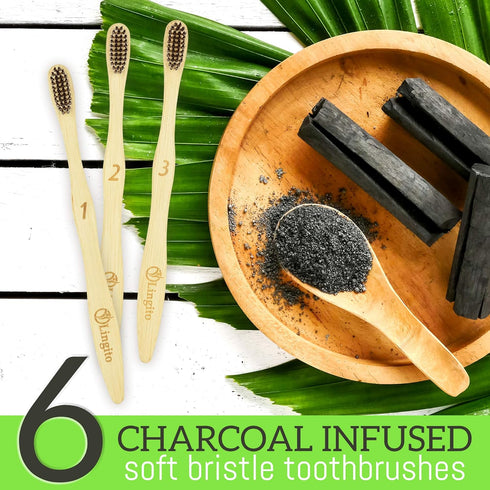 Lingito 6-Pack Natural Charcoal Bamboo Toothbrushes, BPA Free Soft Bristles, Eco Friendly & Vegan