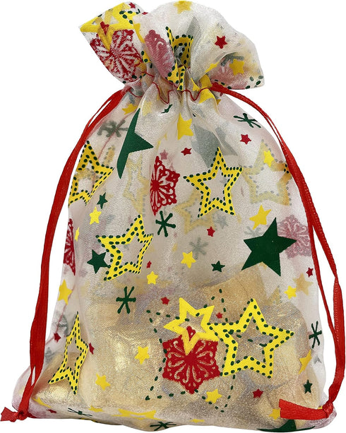 24PCS Christmas Organza Gift Bags - 4X6 with Drawstring, 11 Mix Pattern Small Goodie Candy Party Favor Xmas Bags