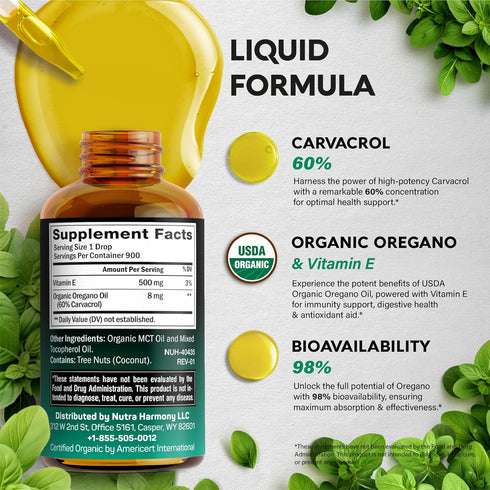 USDA Organic Oil of Oregano | Immune Support Liquid Drops with Vitamin E, Non-GMO, Natural, Vegan - 1 Fl Oz