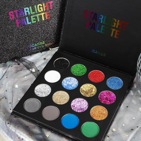 UCANBE Glitter Eyeshadow Makeup Palette - 12 Chunky & Fine Pressed Glitter + 4 Eye Shadow Powder for Theater Party