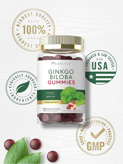 Carlyle Ginkgo Biloba 300mg | 70 Gummies | 45:1 Leaf Extract with Peach Raspberry Flavor | Vegan, Non-GMO, Gluten Free