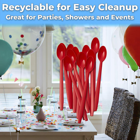 Extra Long Red 8in Premium Sundae Spoons - 50ct Heavy Duty Disposable Plastic Utensils for Ice Cream