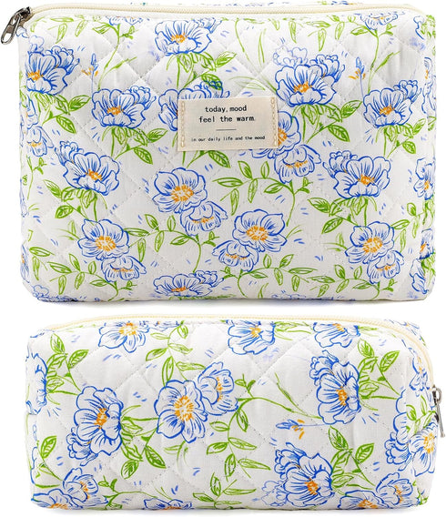 Quilted Cotton Cosmetic Bag, 2Pcs Large Makeup Pouch for Women, Aesthetic Floral Toiletry Bag Gift