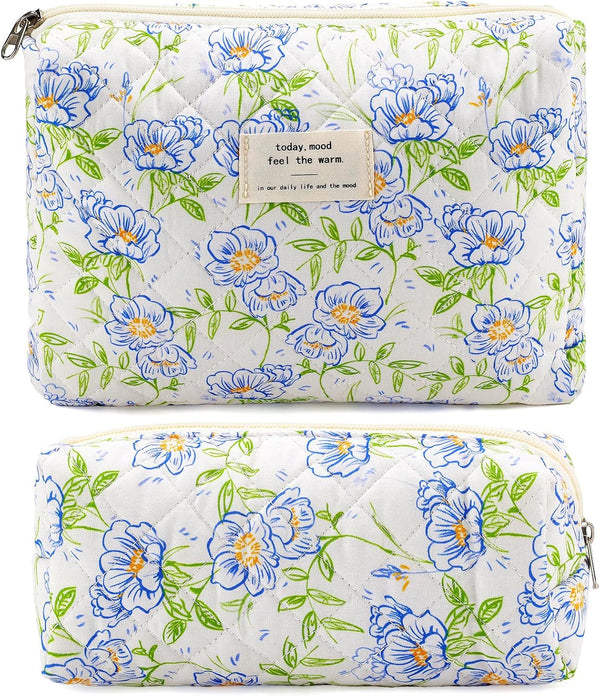 Quilted Cotton Cosmetic Bag, 2Pcs Large Makeup Pouch for Women, Aesthetic Floral Toiletry Bag Gift