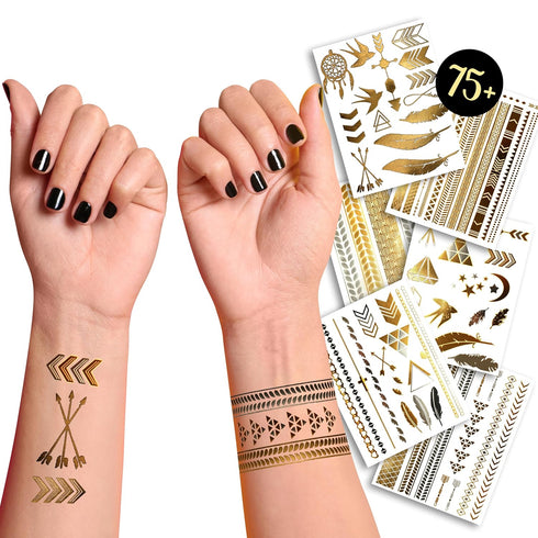 Terra Tattoos Gold Metallic Tattoo Flash Sheets, Waterproof Nontoxic Designs for Festivals and Parties