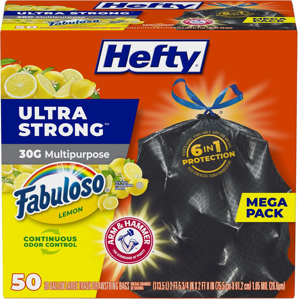 Hefty Ultra Strong 30 Gallon Trash Bags, Black Large Trash Bags, Multipurpose, Break Resistant Drawstring Closure,