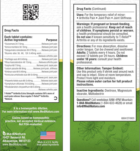 T-Relief Extra Strength Arthritis Arnica +12 Pain Relieving Natural Medicines - 100 Tablets (2 Pack)