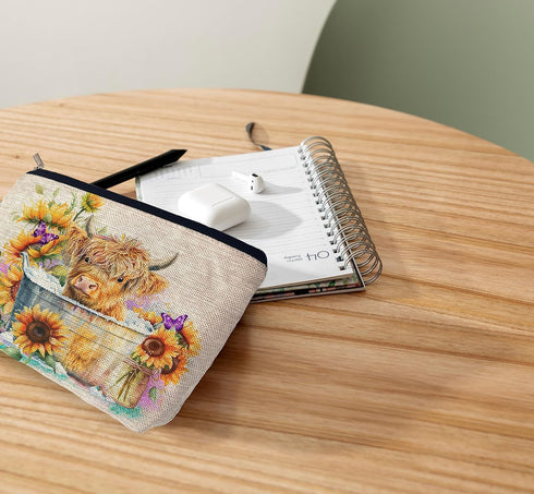 Highland Long Haired Cow Cosmetic Bag with Sunflower Decor, Cute Zipper Pouch for Women