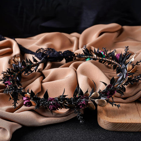MOSTORY Elf Black Flower Crown, Gothic Floral Headpiece, Dark Elven Tiara for Women Cosplay